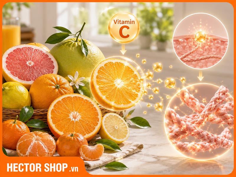 Vitamin C trong trái cây hỗ trợ cơ thể tổng hợp collagen