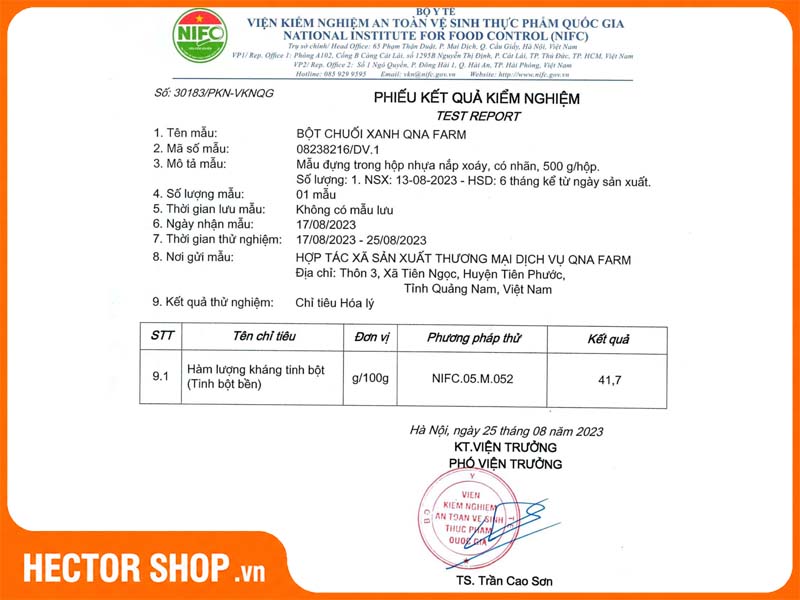Kết quả kiểm nghiệm hàm lượng tinh bột kháng QNA Farm