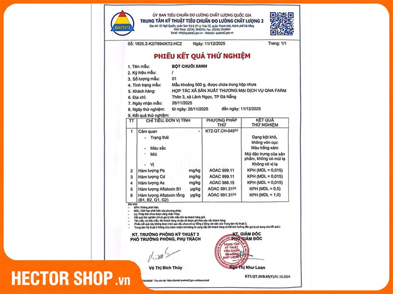 Kết quả thử nghiệm bột chuối xanh nguyên chất QNA Farm